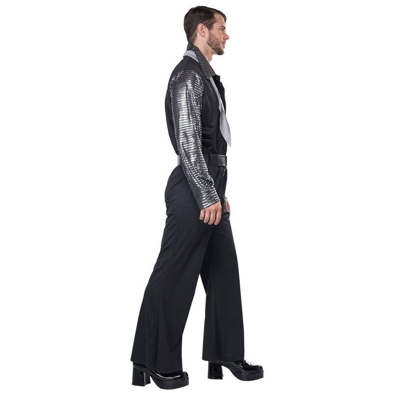 Flashy 1970's Men's Black And Silver Costume Jumpsuit - Jokers Costume Mega Store