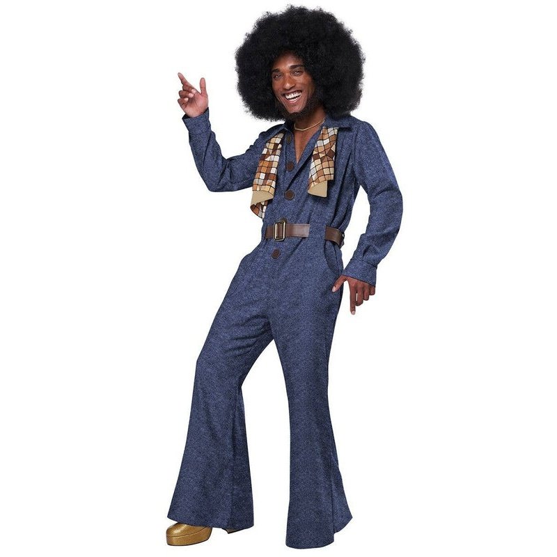 70s Disco Men's Costume Blue Denim Jumpsuit with Belt Tie