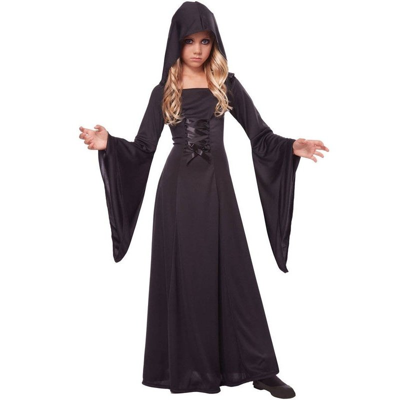 Girls' Halloween Costume: Long Black Hooded Robe | Jokers Costume Mega Store Girls' Halloween Costume: Long Black Hooded Robe | Jokers Costume Mega Store