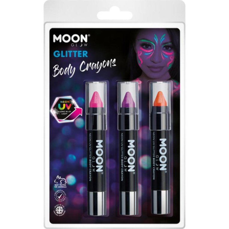 Moon Glow - Neon UV Glitter Body Crayons, Magenta, Purple, Orange-Make up and Special FX-Jokers Costume Mega Store