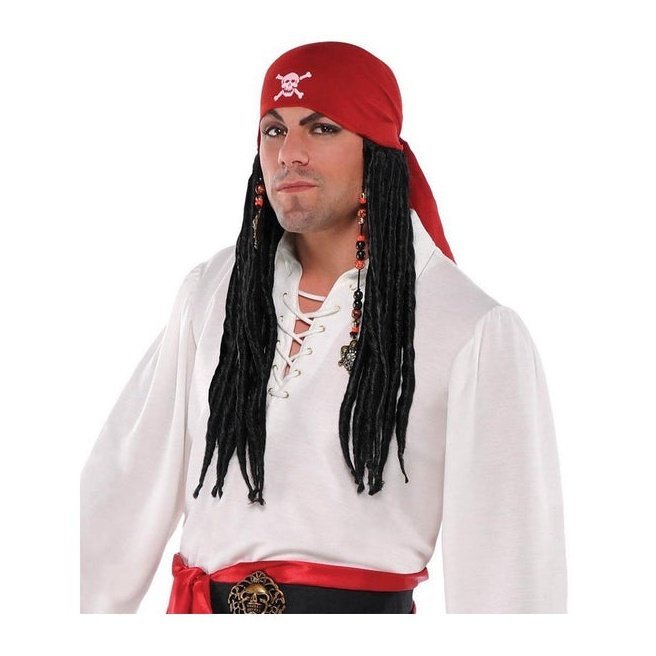 Red Satin Pirate Bandana Dreads Wig Skull Print, Adult