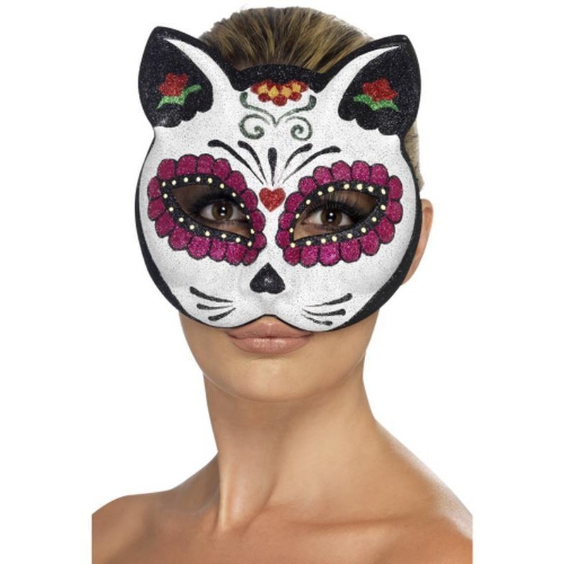 Sugar Skull Cat Glitter Eyemask - Jokers Costume Mega Store