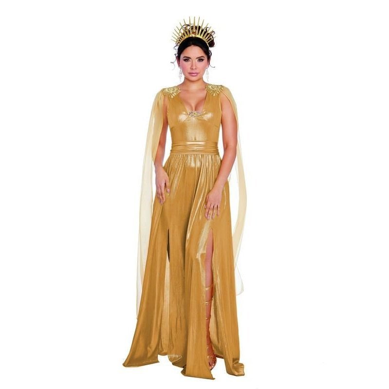 Gold Gown Set with Embroidered Trim & Glitter Headpiece | Jokers Costume Mega Store Gold Gown Set with Embroidered Trim & Glitter Headpiece | Jokers Costume Mega Store