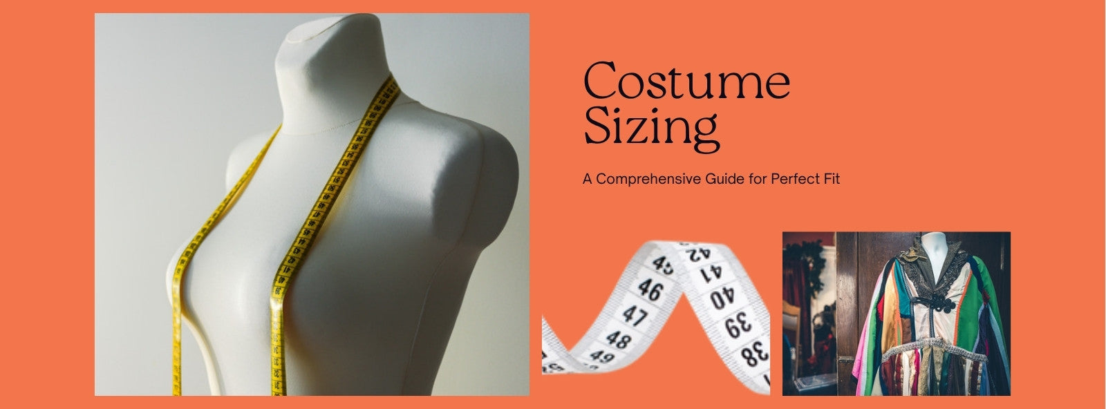 Costume sizing guide illustration with a costume jacket and measuring elements