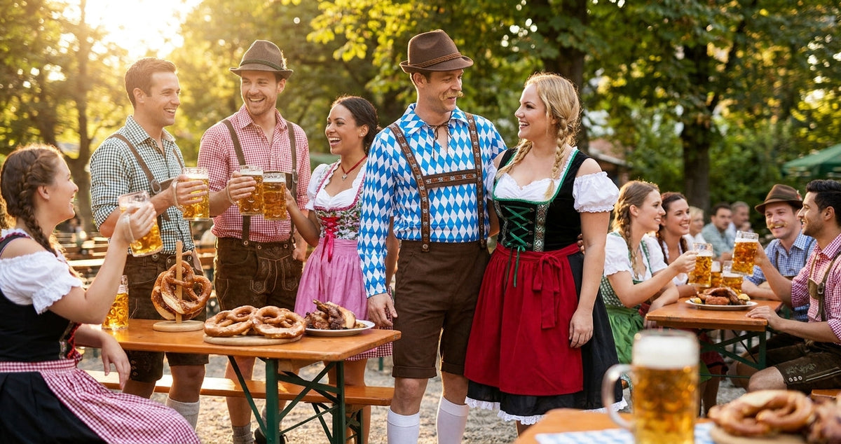 Group of friends wearing Oktoberfest costume outfits at an outdoor beer garden party in Australia