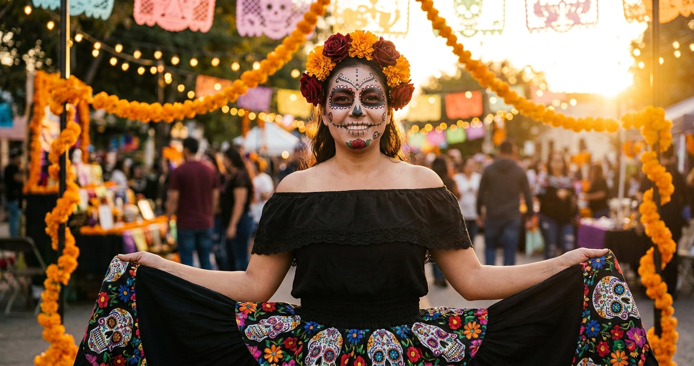 Woman wearing a Day of the Dead costume with sugar skull face paint and marigold flowers