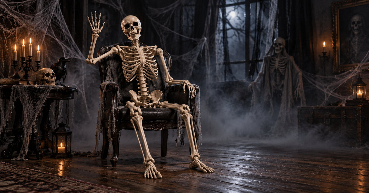 Halloween decorations: life-size skeleton in a spooky haunted room setup.