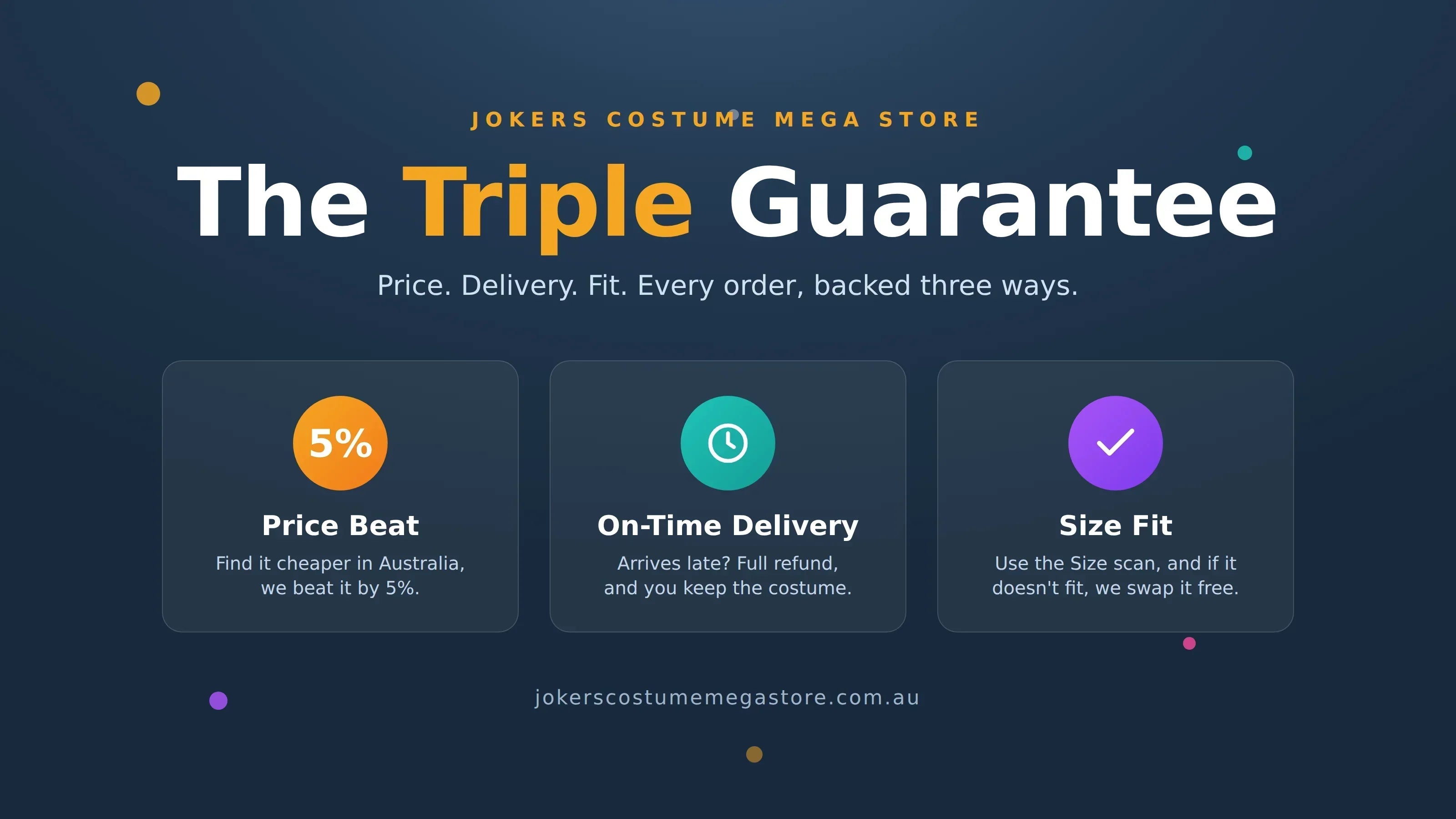 Jokers Costume Mega Store Triple Guarantee: 5% price beat, on-time delivery refund, and a free size-fit swap