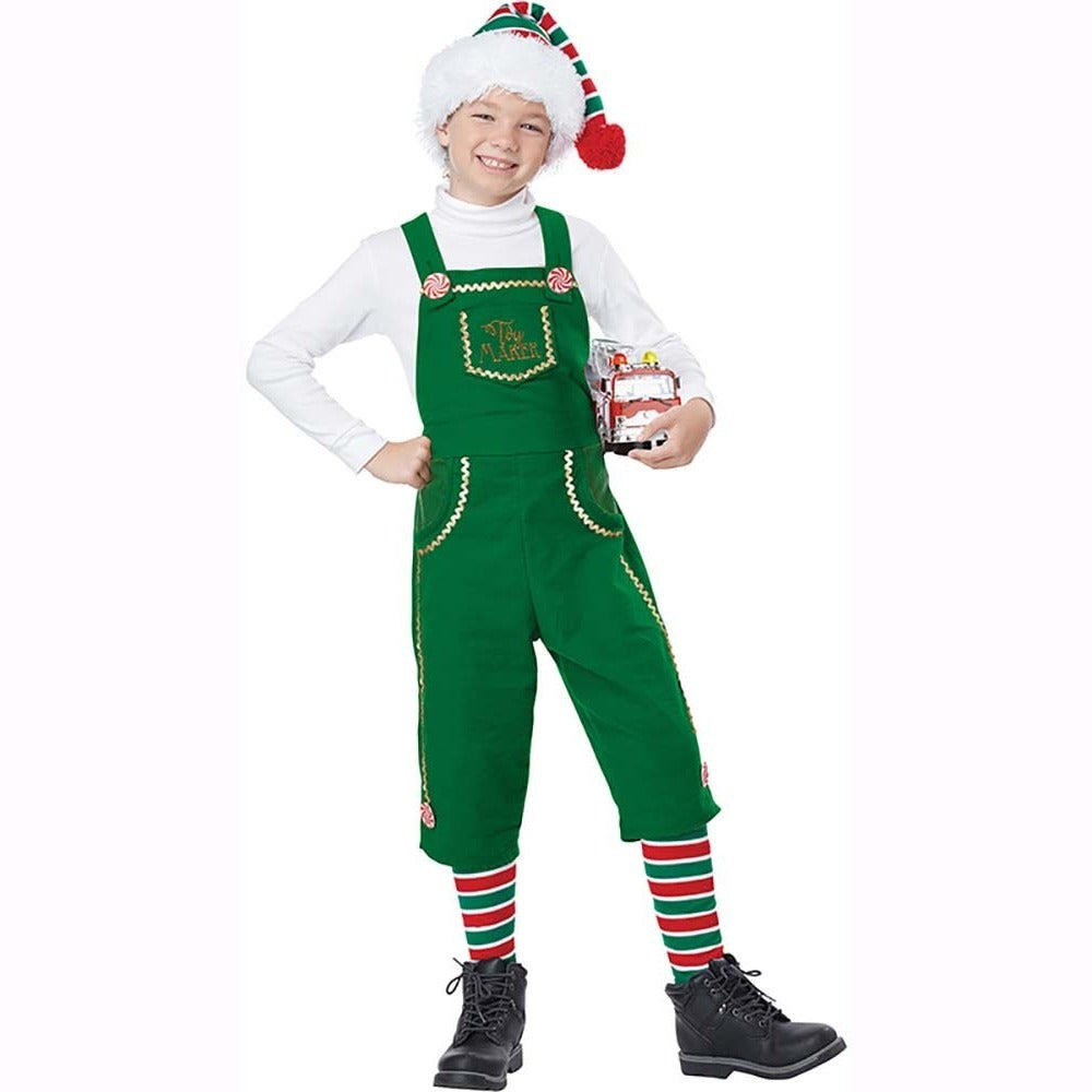 Image alt text: Young boy wearing Toymaker Elf Santa Helper costume, perfect for Christmas