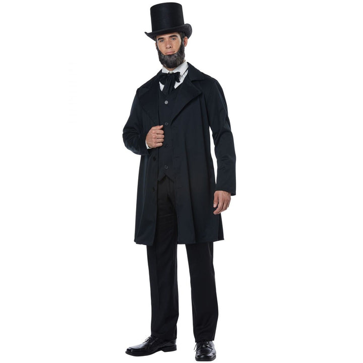 Abraham Lincoln adult costume with black suit, top hat, and beard