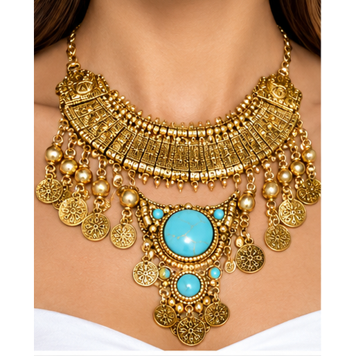 Egyptian Costume Necklace & Earring Set, Gold