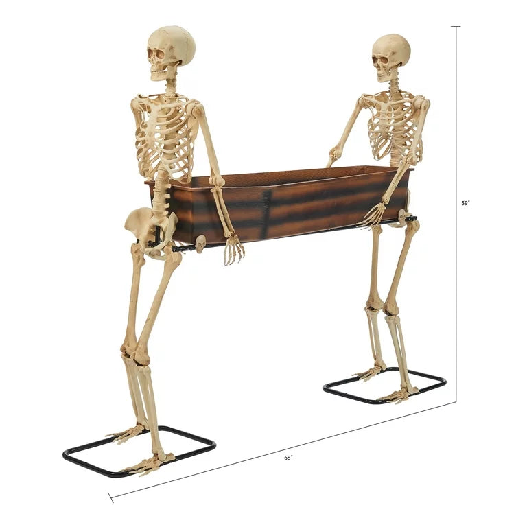 Realistic poseable skeleton with coffin for haunted house display