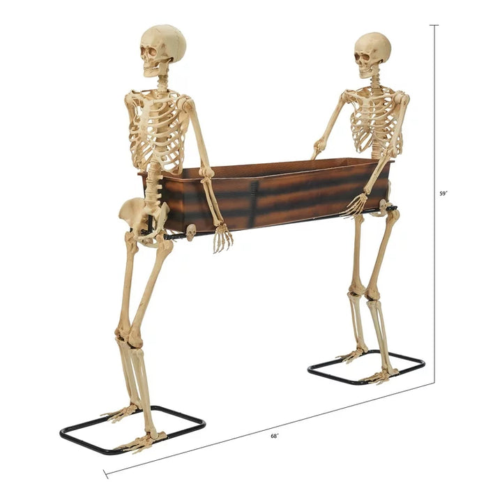 Realistic poseable skeleton with coffin for haunted house display