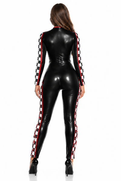 A woman viewed from the back wearing a shiny black catsuit with long sleeves and leg panels featuring a red and white checkered stripe down the sides, paired with black high heels on a white background.