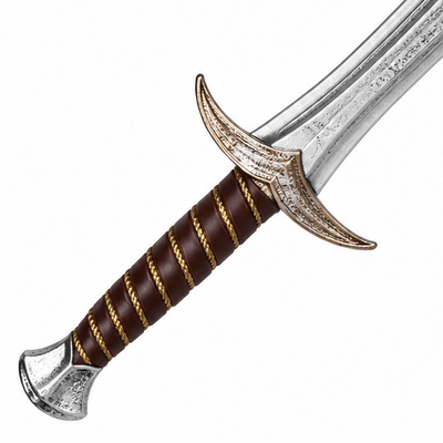 A fantasy sword with a silver steel blade, a curved gold-colored crossguard, and a brown wrapped grip with gold accents, shown diagonally on a plain white background.