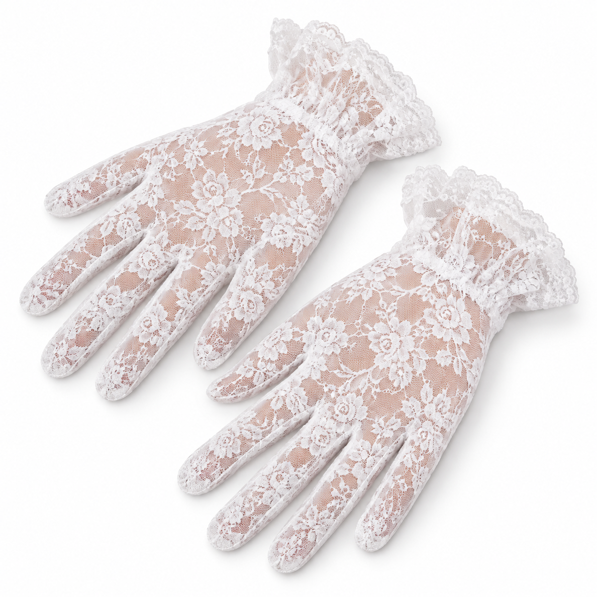 A pair of white floral lace gloves with ruffled cuffs, displayed on a clean white background.