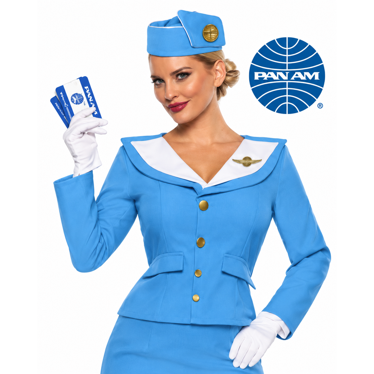 A woman modeling a light blue airline stewardess costume with white gloves, a matching hat, and a gold pin, holding blue and white Pan Am cards. A large Pan Am logo is visible in the upper right on a white background.