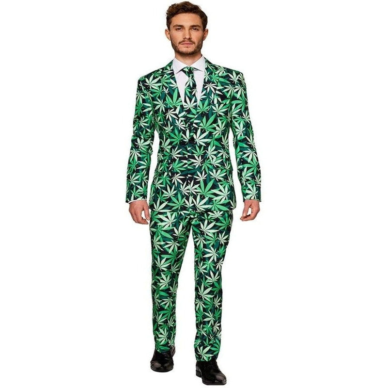 Men's green cannabis print suit with matching tie and pants