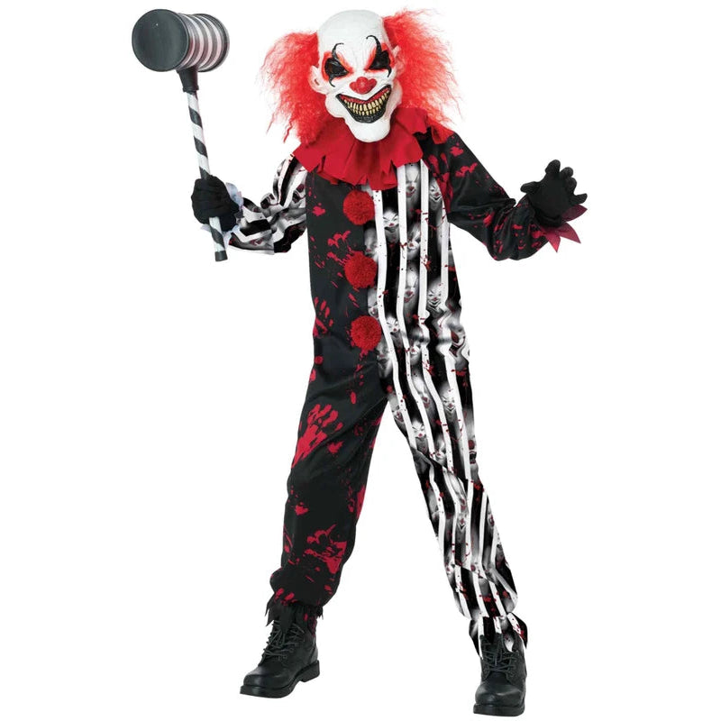 A person modeling a horror clown costume against a plain white background. The costume includes a white face mask with red makeup, bright red hair, a red-and-black ruffled collar, a black-and-white striped jumpsuit with red blood-splatter print, black gloves, and black boots.