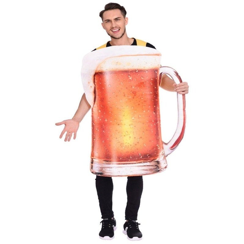 Man wearing a realistic Pint Of Beer Oktoberfest Mens Costume at festival