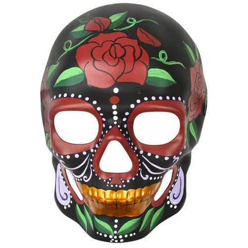 Beautiful handcrafted Day of the Dead black mask with painted roses and intricate details