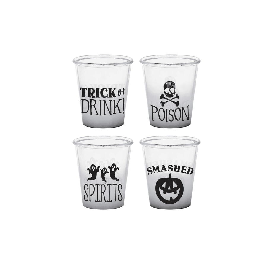 Four Halloween Classic Black and White Plastic Shot Glasses packaged together