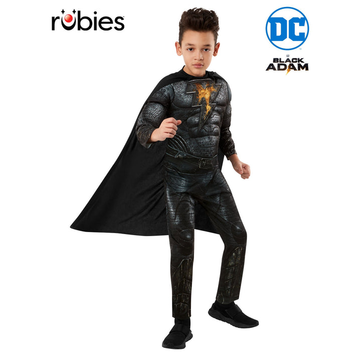 Child wearing a detailed and high-quality Black Adam costume with cape and mask