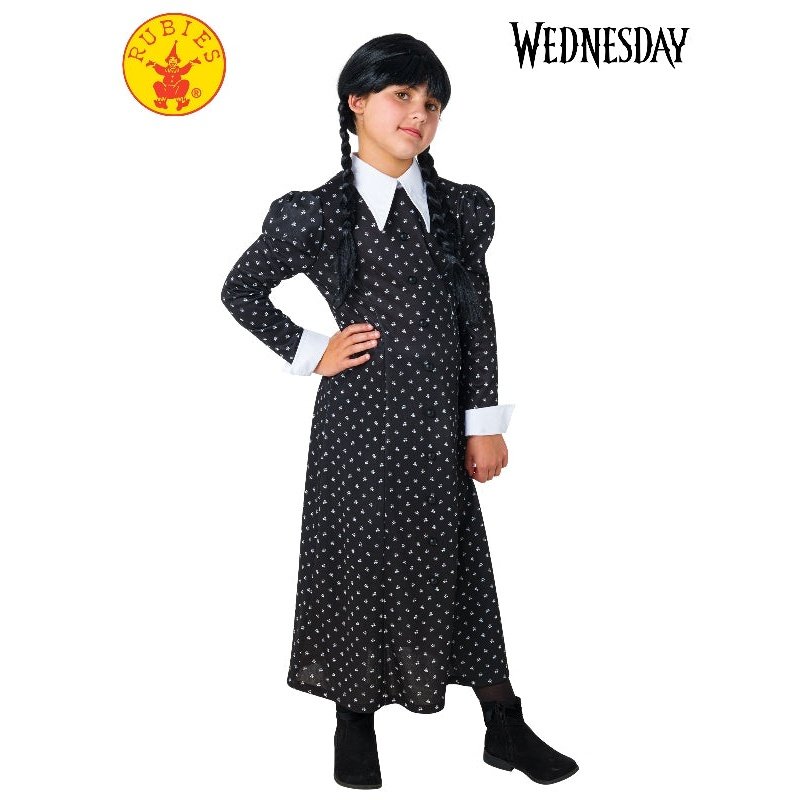 A child wearing the Wednesday Deluxe Costume from the Netflix series, featuring a black dress, white collar, and matching belt