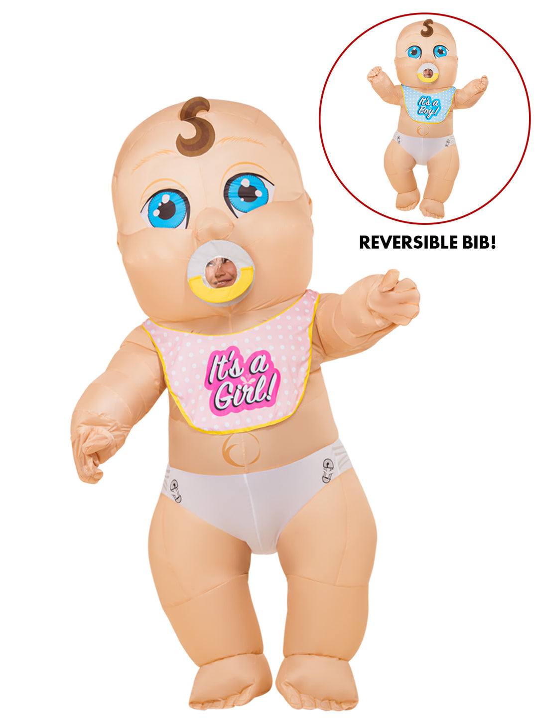 Gender Reveal Baby Inflatable Costume – Adult, a fun and festive outfit perfect for gender reveal parties and baby showers, features a large inflatable baby carrying a pink and blue balloon