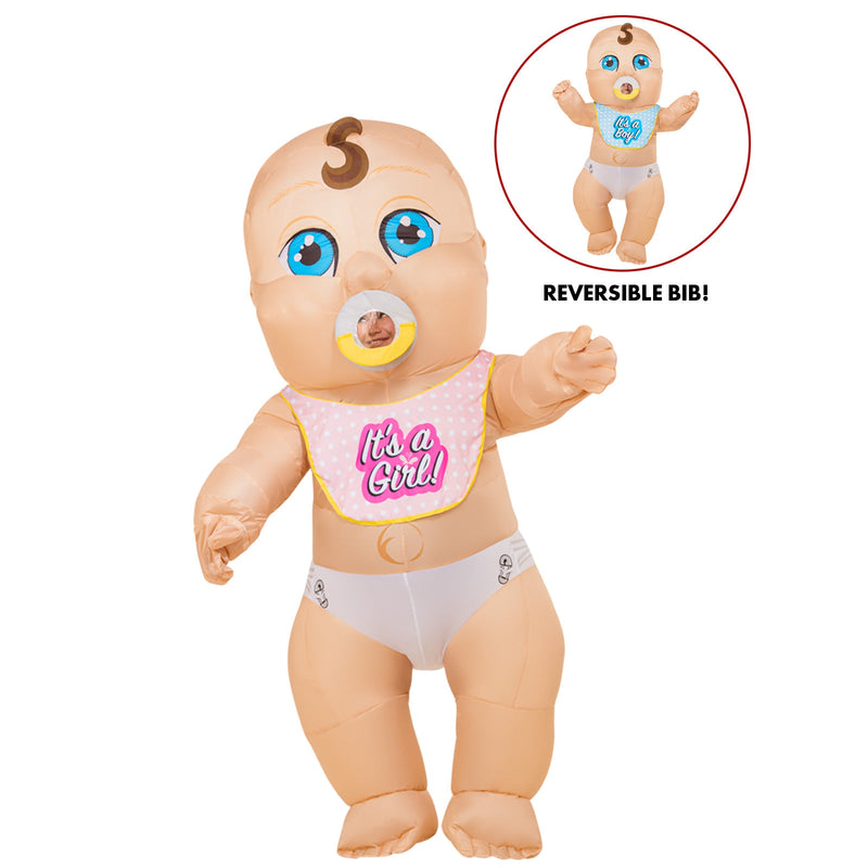 Gender Reveal Baby Inflatable Costume – Adult, a fun and festive outfit perfect for gender reveal parties and baby showers, features a large inflatable baby carrying a pink and blue balloon
