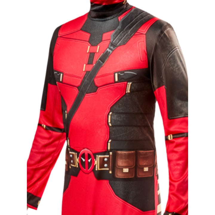 Adult Deadpool Costume with red and black jumpsuit and authentic details