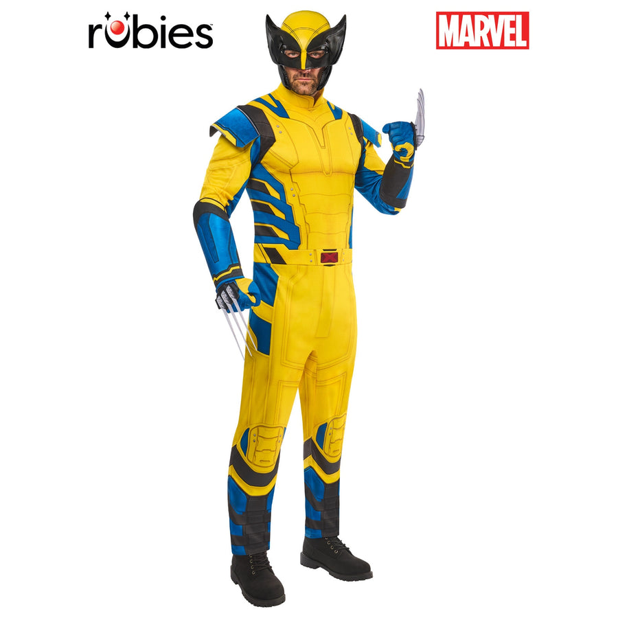 Wolverine adult costume with iconic yellow and blue design, muscle padding, and claw accessories