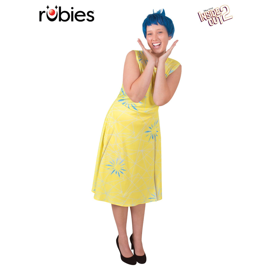 Adult Joy ‘Inside Out’ Costume featuring yellow dress and blue wig