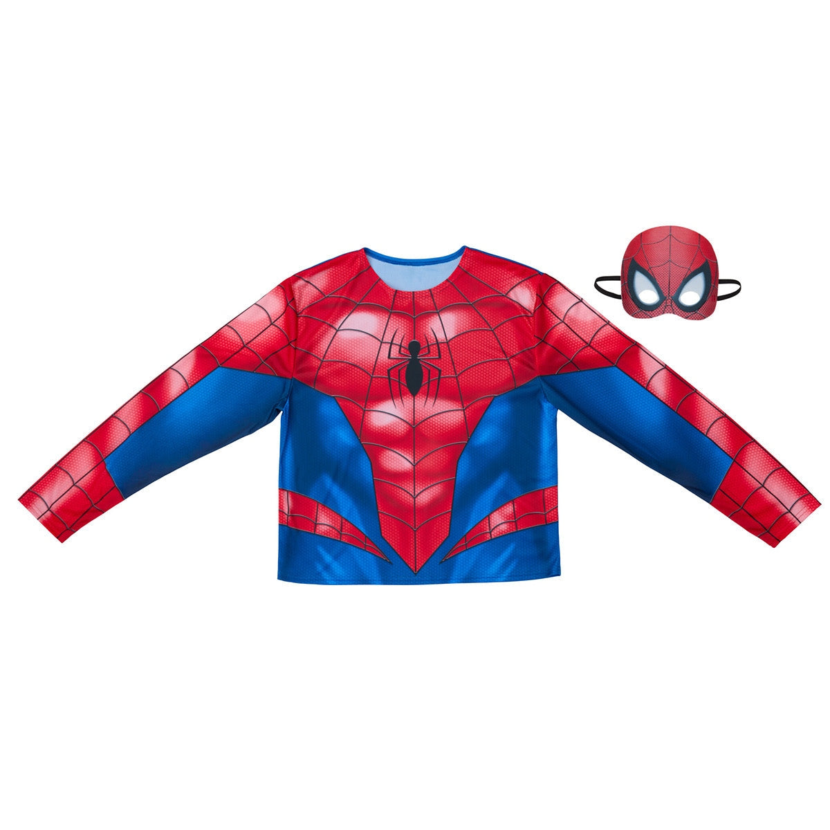 Spider-Man costume with shirt and mask on a white background