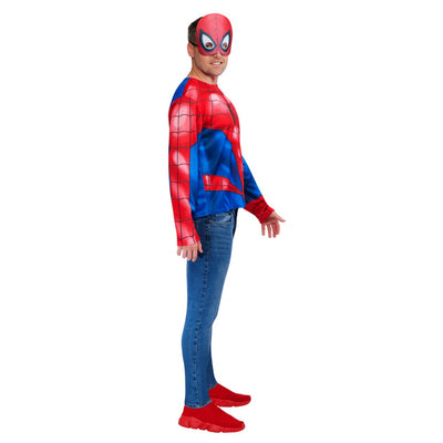 Person wearing a Spider-Man costume with a red and blue suit on a white background