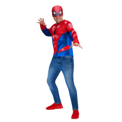 Person wearing a Spider-Man costume with a red and blue suit on a white background