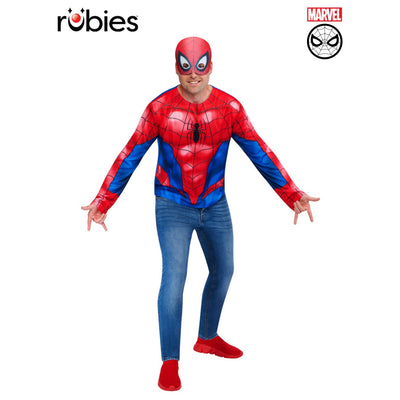 Person wearing a Spider-Man costume with Rubies and Marvel logos.