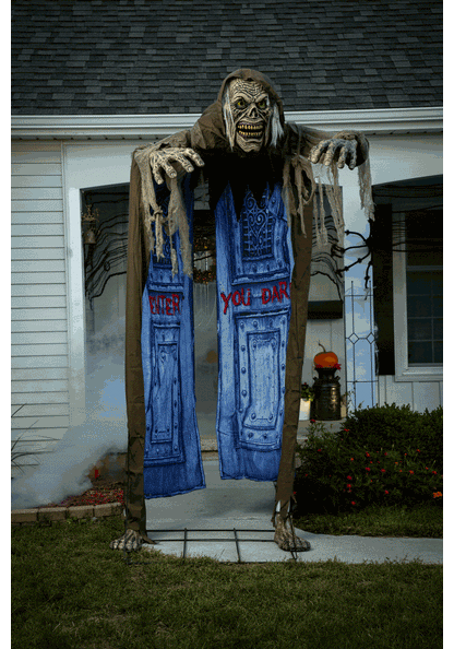  Looming Ghoul Animated Archway Prop, a terrifying and lifelike prop featuring an ominous figure and eerie sounds