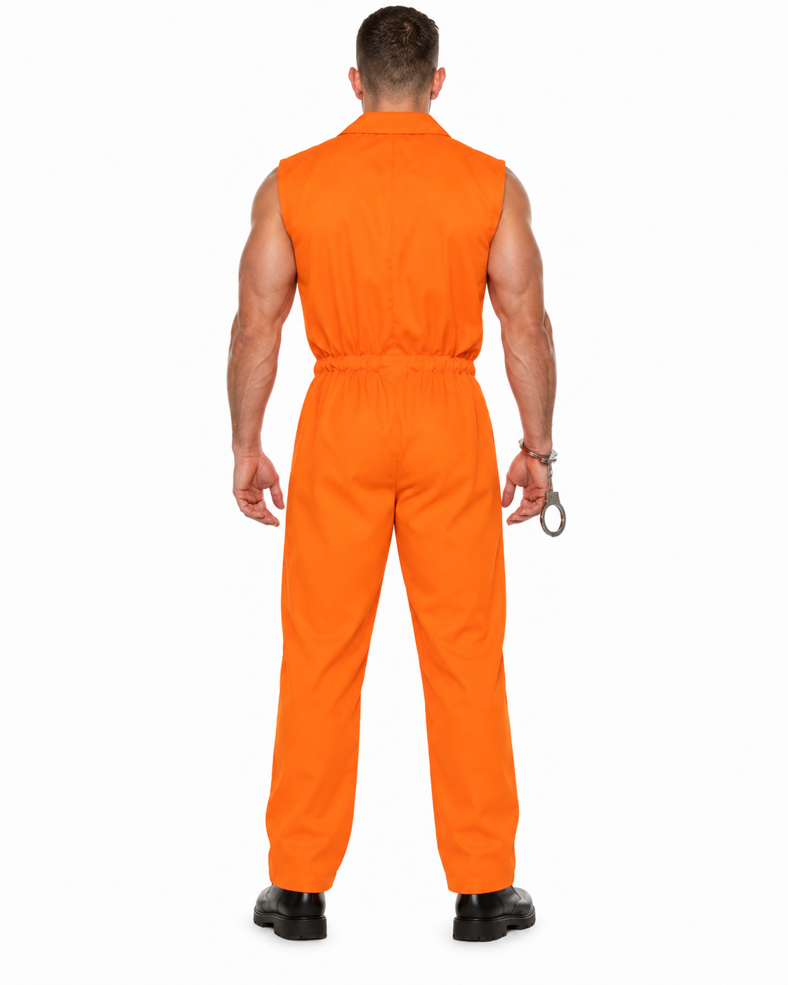 A man viewed from the back wearing a bright orange sleeveless jumpsuit, standing against a plain white background.