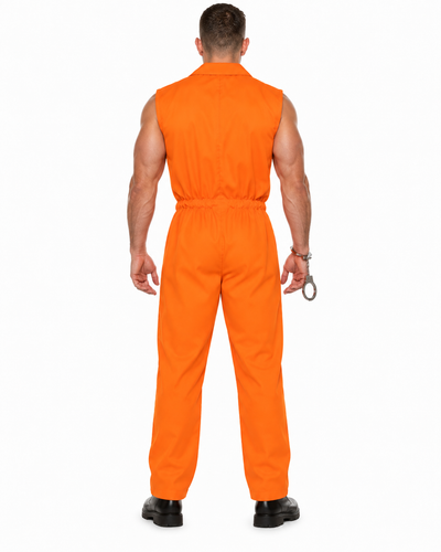 A man viewed from the back wearing a bright orange sleeveless jumpsuit, standing against a plain white background.