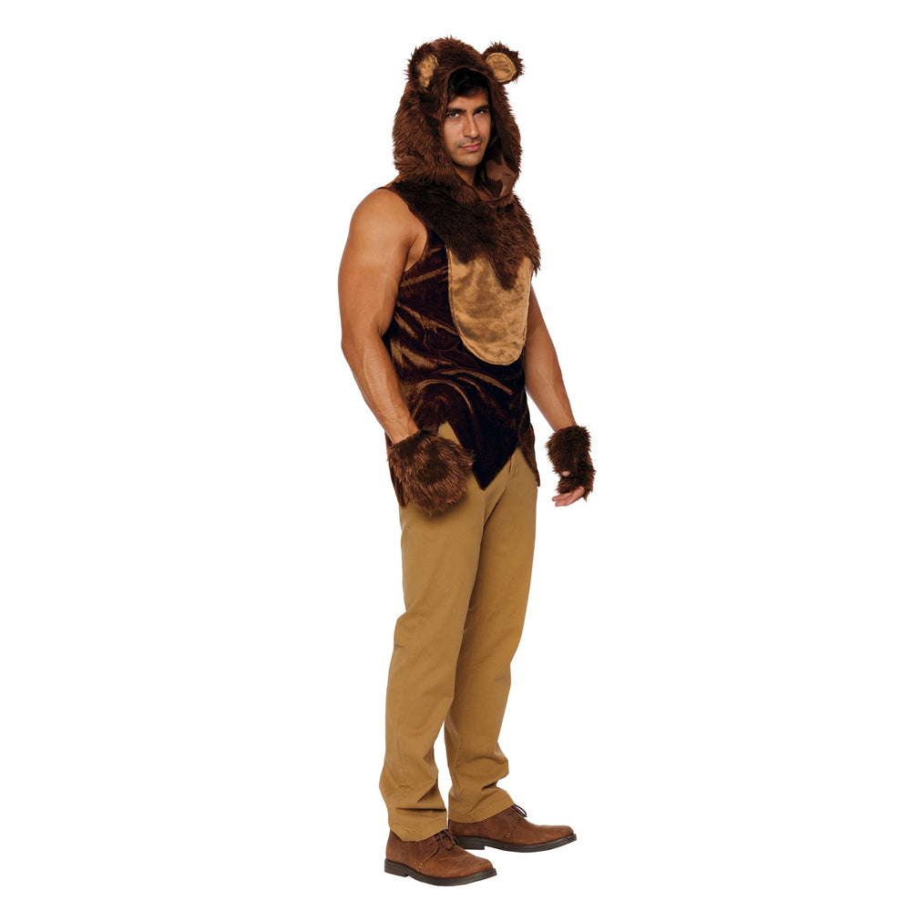 Bad Bear Mens Costume - Adult Grizzly Bear Halloween Outfit with Furry Hood and Paws