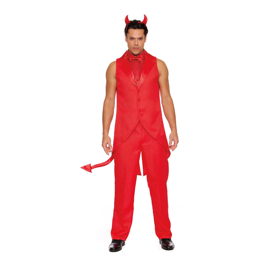 Devil Dude Deluxe Mens Costume in red with pitchfork accessory and horns