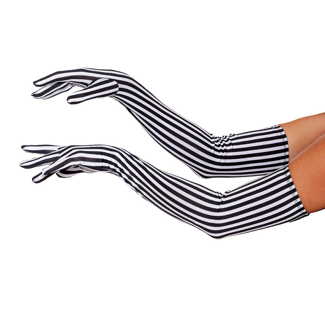 Pair of stylish black and white striped gloves for adults, perfect for keeping hands warm in the winter