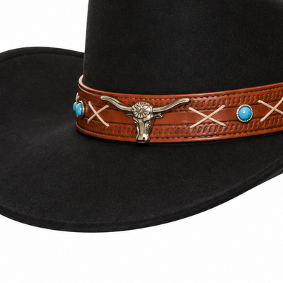 Cowboy Costume Hat with Brown Leather Band and Stitching