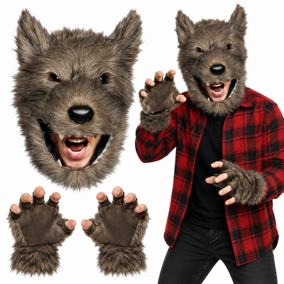 A wolf costume accessory set shown on a white background, including a large furry wolf head mask with an open mouth, two matching fingerless clawed gloves, and a model wearing the mask and gloves with a red plaid shirt.