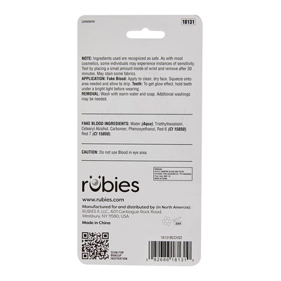 The back of a retail package for Rubies fake blood, showing product information, ingredients, warnings, a QR code, and a barcode on a white background.