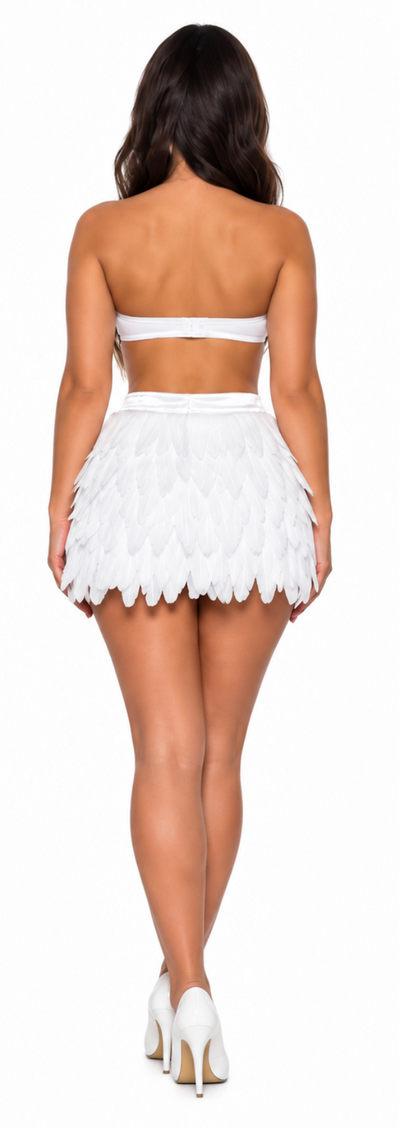 A woman modeling a white two-piece feathered costume set, shown from both the front and back views against a plain white background.