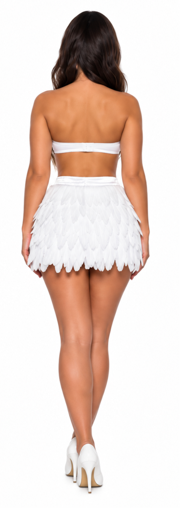 A woman modeling a white two-piece feathered costume set, shown from both the front and back views against a plain white background.