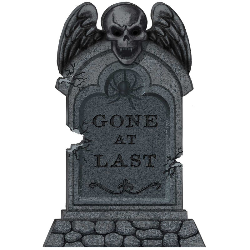 Spooky Halloween prop depicting a tombstone with the text 'Gone at Last', perfect for haunted house decorations