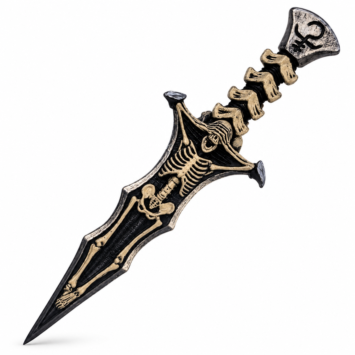 A skeleton-themed dagger with a black blade and hilt featuring gold-colored bone illustrations and details, shown on a plain white background.
